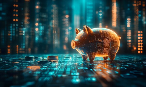 Future Investment, Coins falling into a piggy bank with a futuristic background or digital overlay