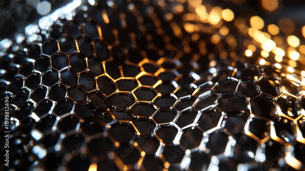 Poster a close-up view of a reflective honeycomb mesh, showcasing intricate patterns and warm lighting tone