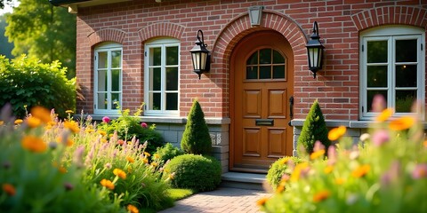 A stately wooden door framed by lush greenery offers a serene welcome, capturing the charm of an elegant brick townhouse.