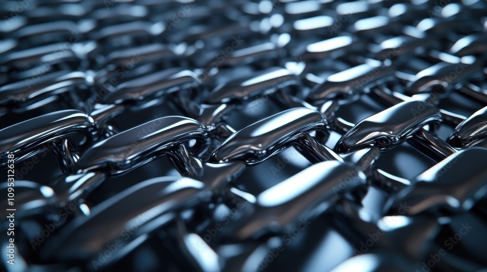 Poster close-up of interconnected metal chain links reflecting light, creating a sleek and modern texture.
