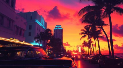 Ocean Drive Sunset: Art Deco Architecture and Palm Trees