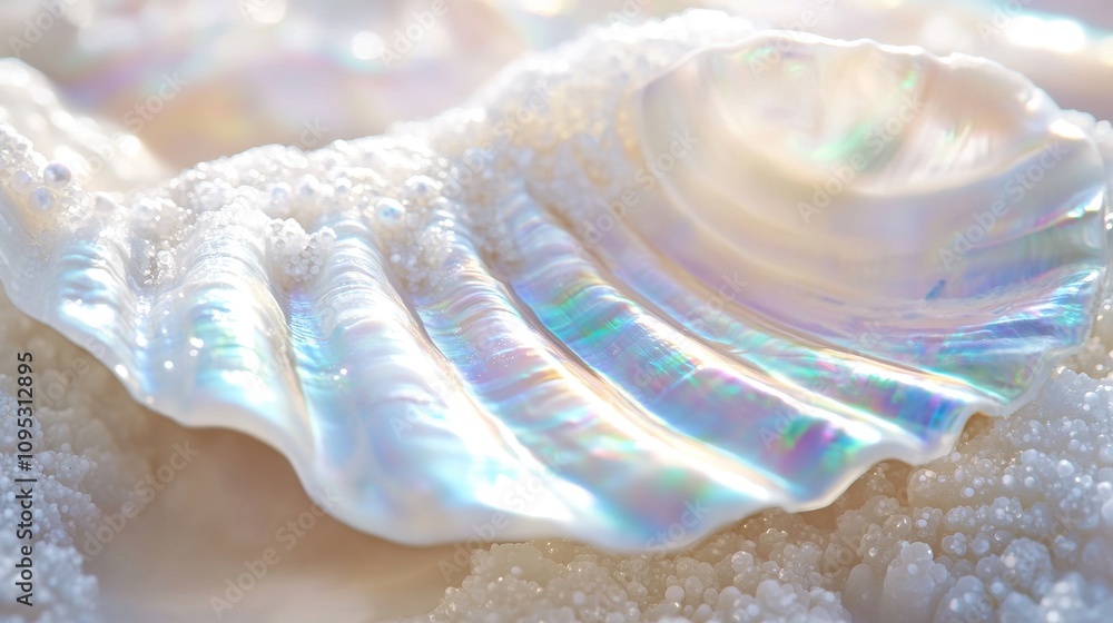 Poster close-up of a iridescent sea shell resting on sandy surface, showcasing delicate textures and vibran