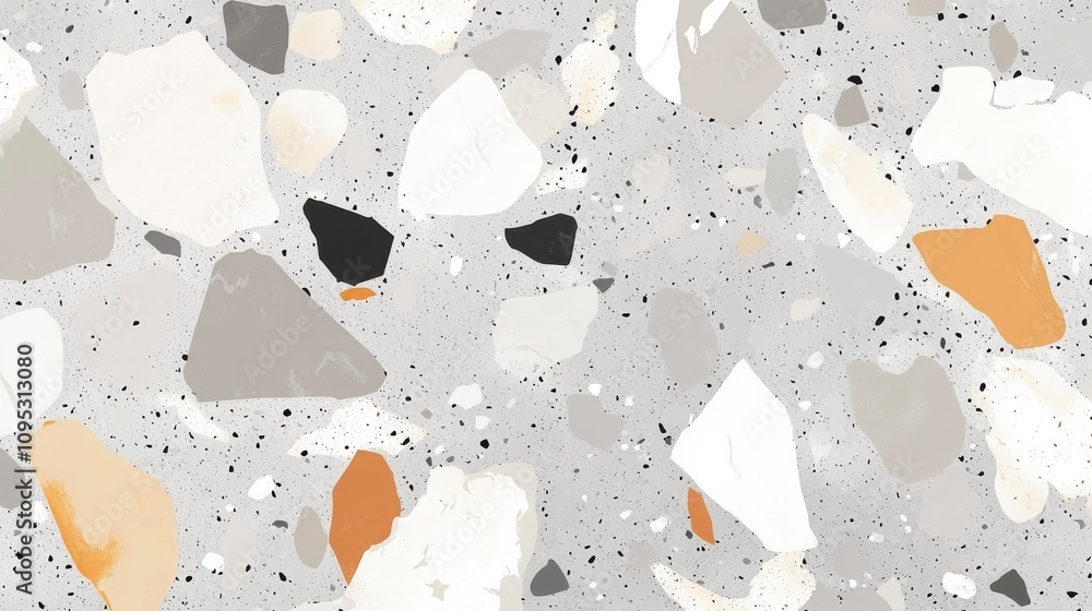 Poster a modern terrazzo pattern featuring scattered geometric shapes in neutral tones with splashes of ora