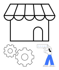 Storefront with awning, two gears, person holding a five-star rating. Ideal for startup culture, entrepreneurship, customer satisfaction, business processes, retail management, service quality