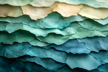 Obraz premium The image is a collage of different colored paper, with a blue and green wave pattern. The paper is cut into various shapes and sizes, creating a textured and layered effect
