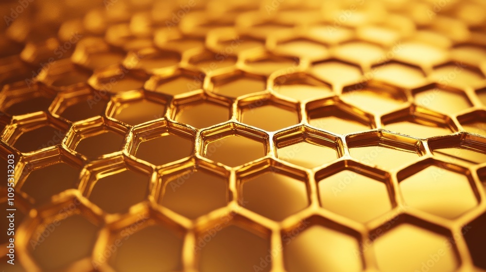 Poster close-up of a golden honeycomb pattern with shiny hexagonal cells reflecting light, creating a warm 