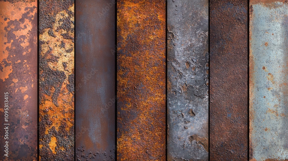 Aufkleber a collection of weathered metal panels showcasing various textures and rust patterns, creating a vib