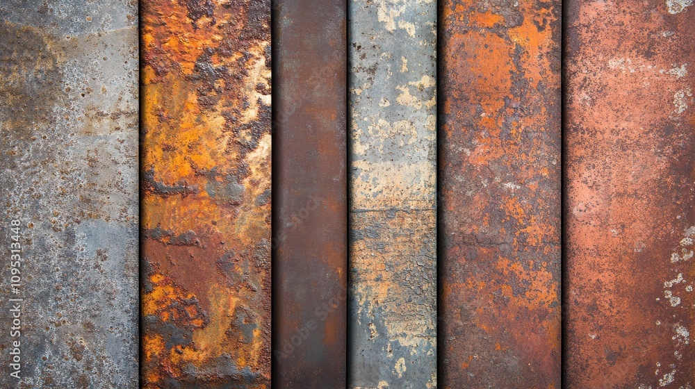 Poster a collection of weathered metal sheets showcasing a range of rust textures and colors, creating a ru