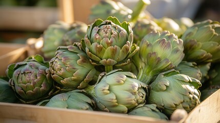 Obraz premium Vibrant artichokes arranged in an open market stall creating a lively atmosphere under natural daylight