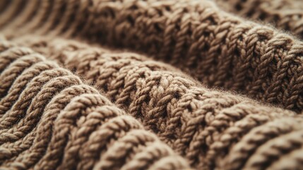 Close-up of textured brown knit fabric, showcasing intricate patterns and softness, perfect for cozy apparel.