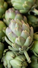 Obraz premium Vibrant display of fresh artichokes showcasing unique green and purple hues at a bustling market on a sunny day, green food background
