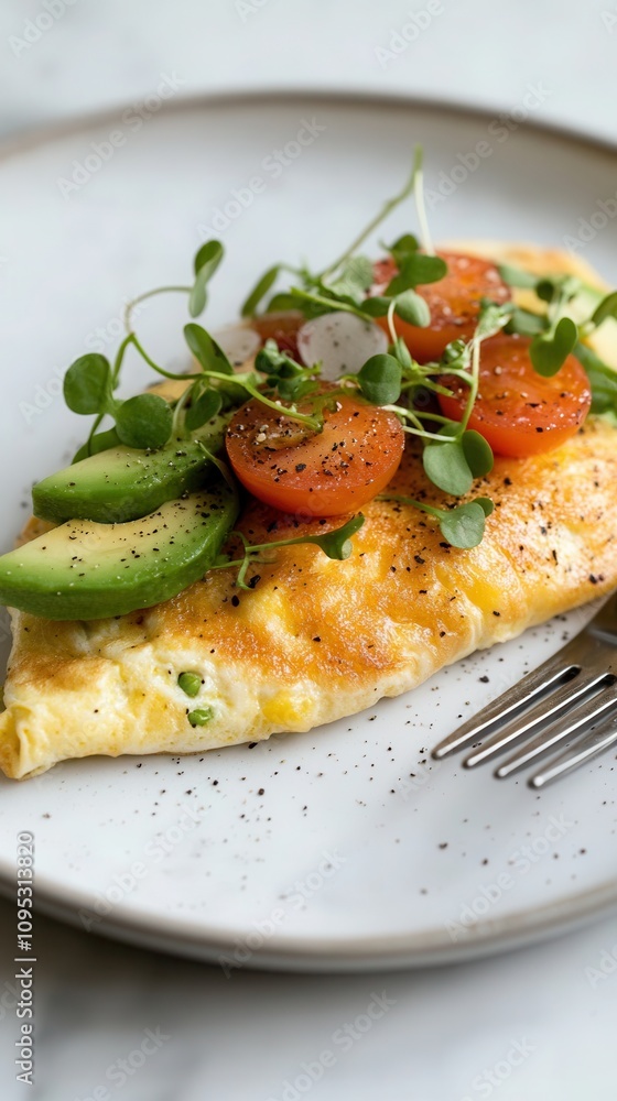 Poster Vibrant yellow omelet with avocado and microgreens presented on a white plate evokes a fresh culinary experience