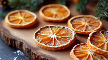 Dried orange slices are arranged on a wooden board, surrounded by greenery. Concept of natural decor and rustic charm. For cooking and festive decoration use.
