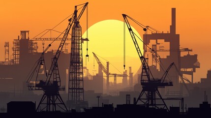 Silhouettes of industrial cranes against a vibrant sunset, conveying a sense of industry and energy.