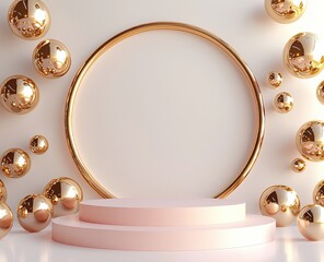 Elegant circular stage with golden spheres and metallic decor for modern interior design