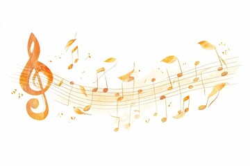 Orange watercolor musical notes, treble clef.