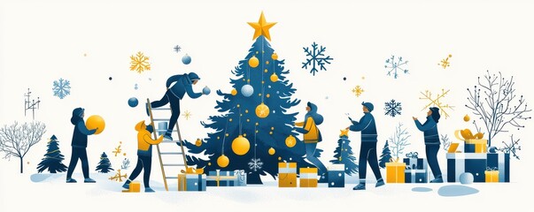 Festive team decorating a Christmas tree with ornaments and lights in a cheerful winter setting with snowflakes and gift boxes around
