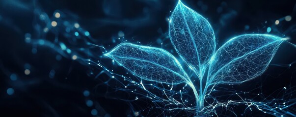 Abstract digital plant illustration with glowing network representing technology and nature integration