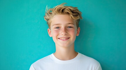 Portrait of a blond Caucasian teenager boy, looking and smiling at camera, on blue background.