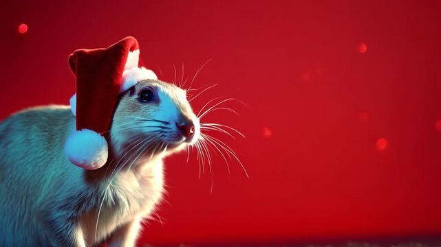 Small white rodent wearing a Santa hat. The image has a festive and playful mood. The rodent is looking at the camera, and the red background adds to the overall cheerful atmosphere