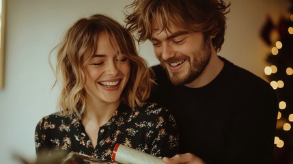 Happy young couple sharing a joyful moment with a Christmas gift, embracing the warmth and joy of the holiday season