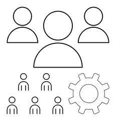 Three large person icons and six small person icons beside a gear symbol. Ideal for teamwork, collaboration, organization, workflow, management, human resources, project efficiency. Line metaphor