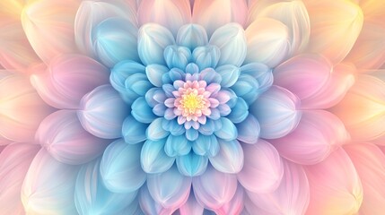 Obraz premium Radiant Circular Floral Bliss - Vibrant abstract flower pattern with delicate pink, blue, and yellow petals in symmetrical formations on a gradient background. High resolution image.