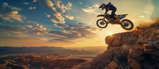 Obraz premium Motocross Rider Leaping Over Cliff at Sunset