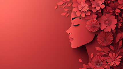 Red Floral Woman Profile Beauty Paper Art Feminine Flowers Red Background  Valentine's Day