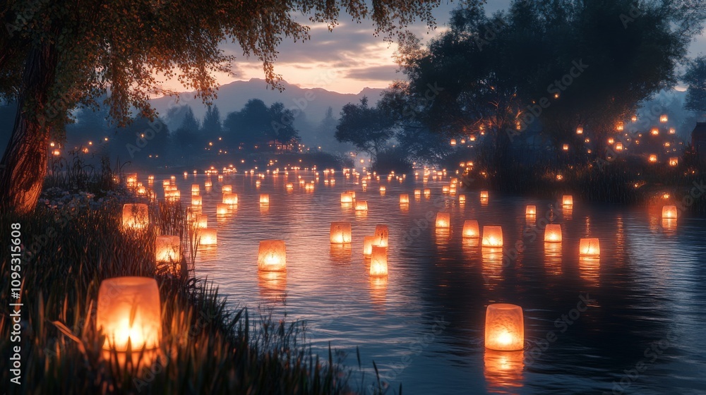Poster illuminated river scene with floating lanterns at dusk