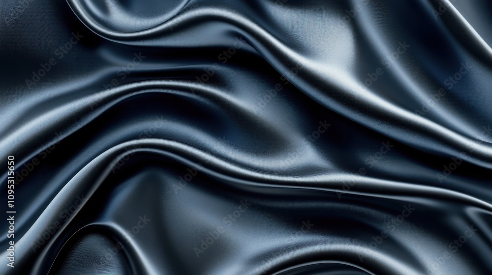 Poster smooth, dark fabric draping elegantly with soft folds and vibrant sheen, creating a luxurious atmosp
