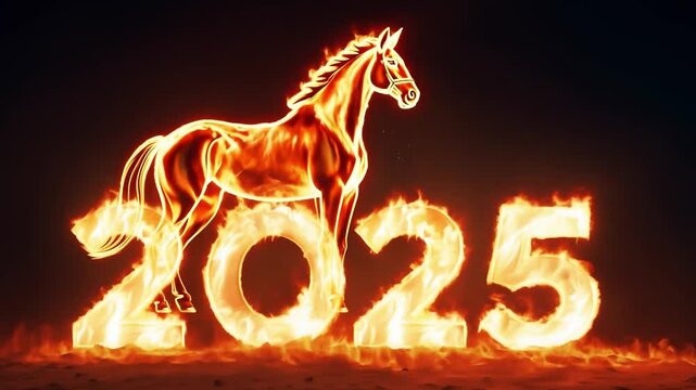 Horse is standing in front of a sign that says 2025 in flames. Concept of excitement and anticipation for the future