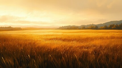Fototapeta premium A serene golden landscape at sunset, showcasing vast fields under a warm sky.