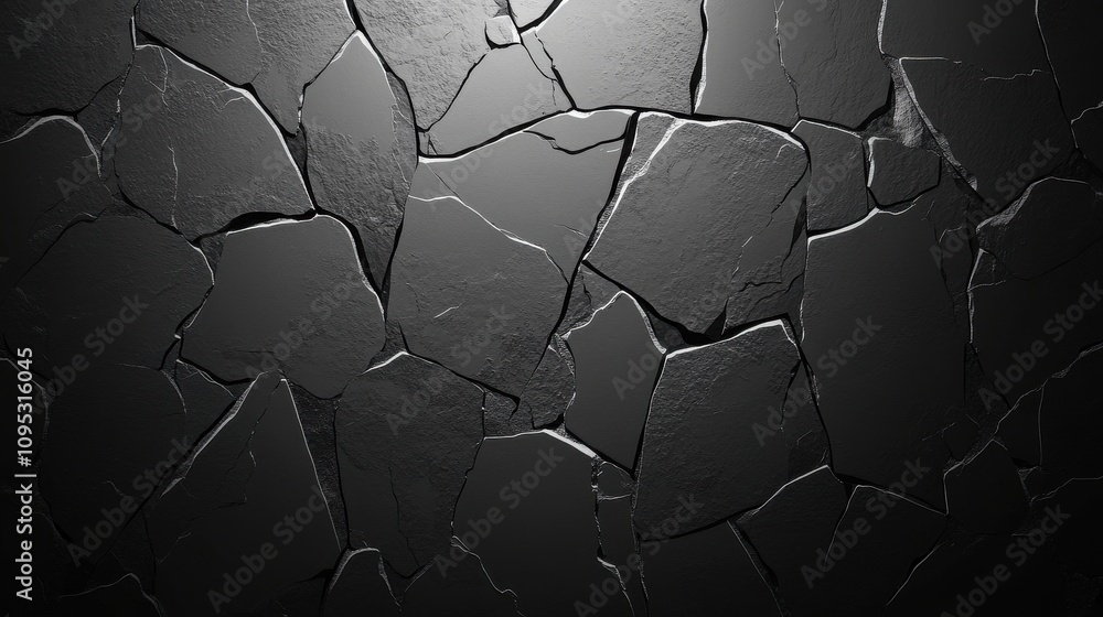 Poster a close-up view of a textured black stone wall with cracked fragments creating an artistic pattern.