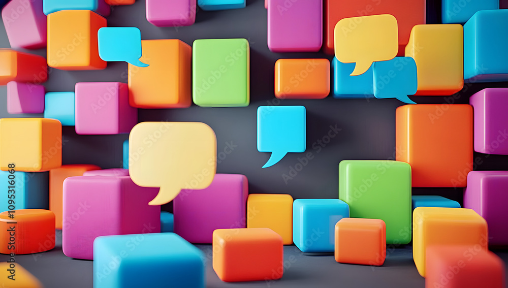 Poster speech bubbles and colorful cubes. inclusive language concept.