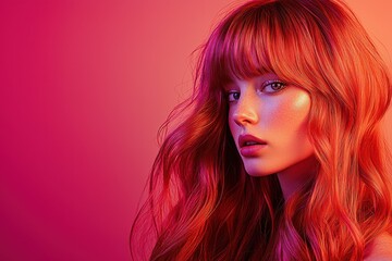 Obraz premium Portrait of a woman with long red hair and bangs, gazing thoughtfully against a vibrant pink background