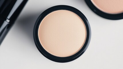 Close-up of a smooth, round compact powder in a black case on a light background.