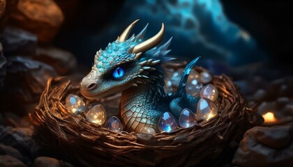 Obraz premium 어두운 동굴 안, 보석이 가득한 둥지 위에 앉아있는 드래곤 