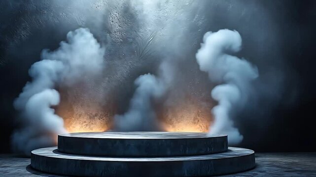 Black stone podium with white smoke in the background.