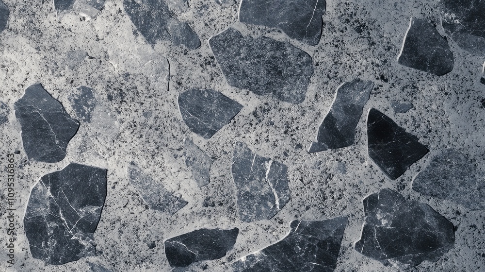 Poster close-up of textured gray stone surface with irregular dark patches and veining patterns.