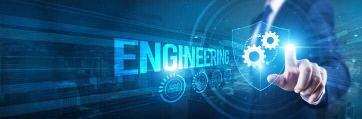 Engineering. Businessman hand touches a shield, engineering safety systems design. The concept...