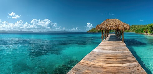 Tranquil escape on a wooden pier extending into the turquoise ocean under a clear blue sky with...