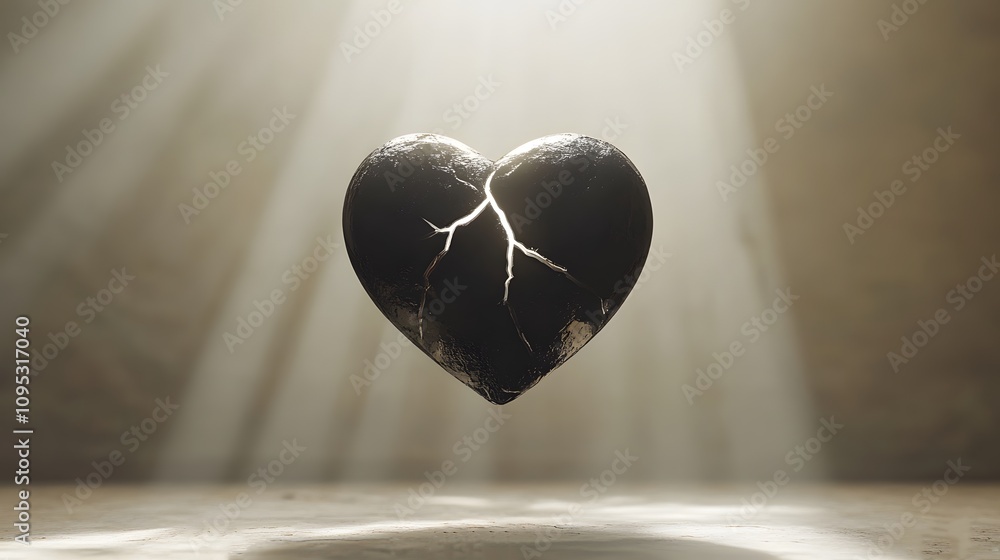 Poster enigmatic cracked heart shrouded in rays of light symbolizing emotional turmoil and healing in a mys