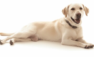 Cheerful Labrador Retriever Relaxing on White Background with Happy Expression and Comfortable Posture, Perfect for Pet-Themed Projects and Marketing Materials