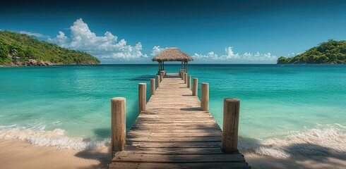 Fototapeta premium Wooden pier with a thatched roof extends into clear turquoise waters under a bright blue sky, offering a serene tropical getaway vision.