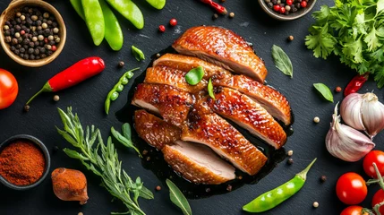 Sliced duck with vegetables on a black plate and background, top view. Chinese holiday food concept.