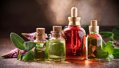 Medium close up of brown glass bottles of essential oils glass flasks with essence and small perfume bottle on wooden table, man sitting at table and writing in background