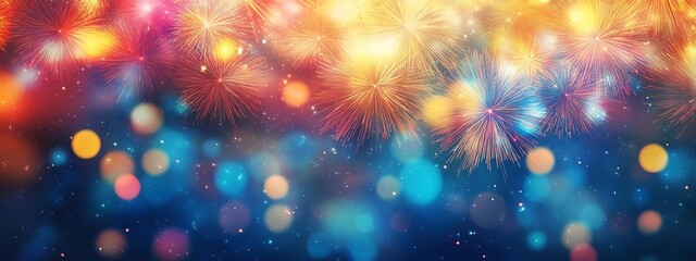Fototapeta premium Vibrant Fireworks Display Against Dark Blue Sky 