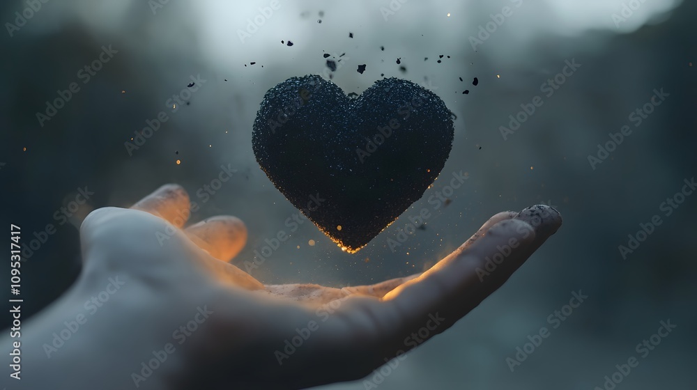 Poster A Hand Reaches Out to a Floating Heart Made of Dark Particles, Symbolizing Love and Connection in a Dreamy, Ethereal Atmosphere with Glowing Elements