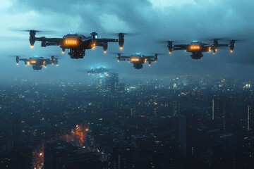 A Fleet of Advanced Drones Flying Over a Futuristic Cityscape at Night Illuminated by Neon Lights and Shrouded in Mysterious Atmospheric Conditions